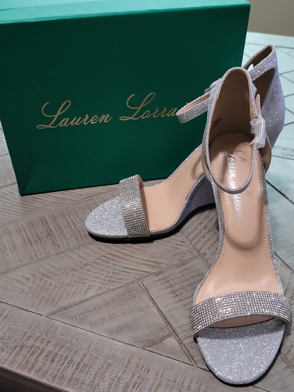 Lauren Lorraine Silver Shimmer Ankle-Strap Heels Rhinestone Band NWB